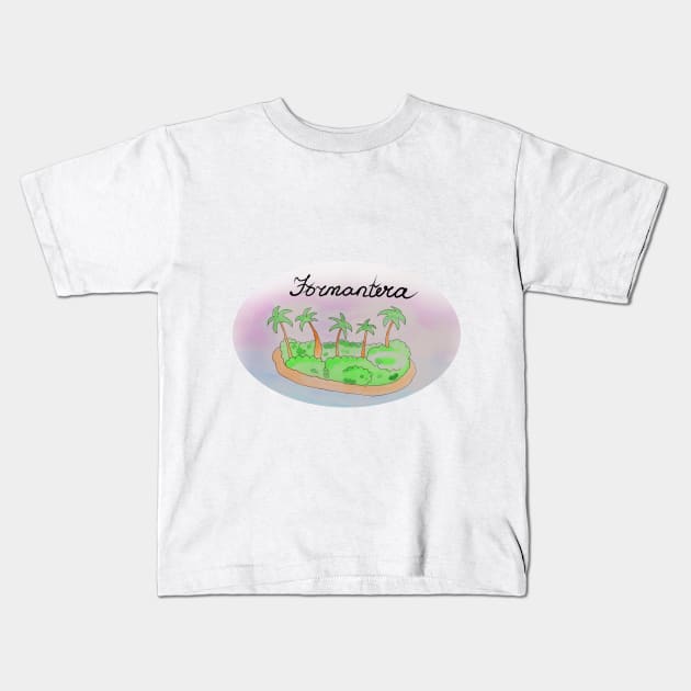 Formantera watercolor Island travel, beach, sea and palm trees. Holidays and vacation, summer and relaxation Kids T-Shirt by grafinya